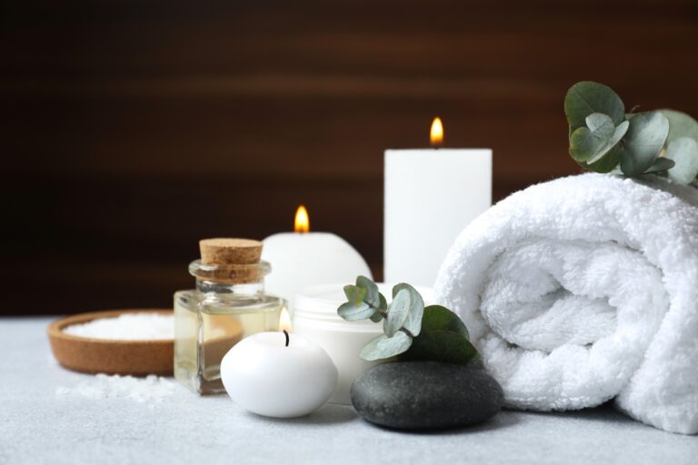 spa towel and candles