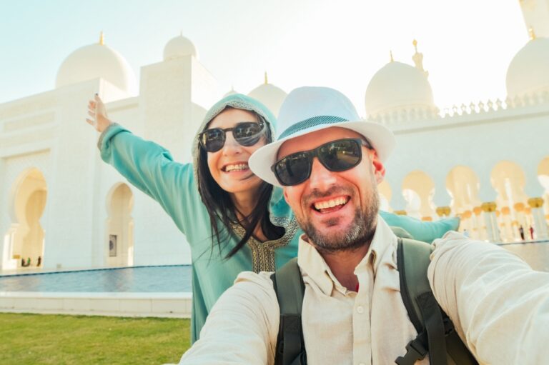 Portrait,Smiley,Young,Happy,Caucasian,Couple,Take,Smartphone,Selfie,While tours