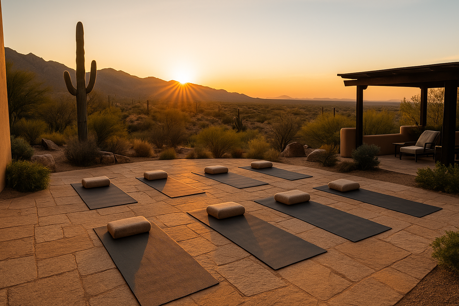 Peaceful sunrise over a desert wellness retreat with yoga mats arranged on a stone terrace, surrounded by cacti and mountains—symbolizing calm, balance, and renewal for 2026 wellness travel