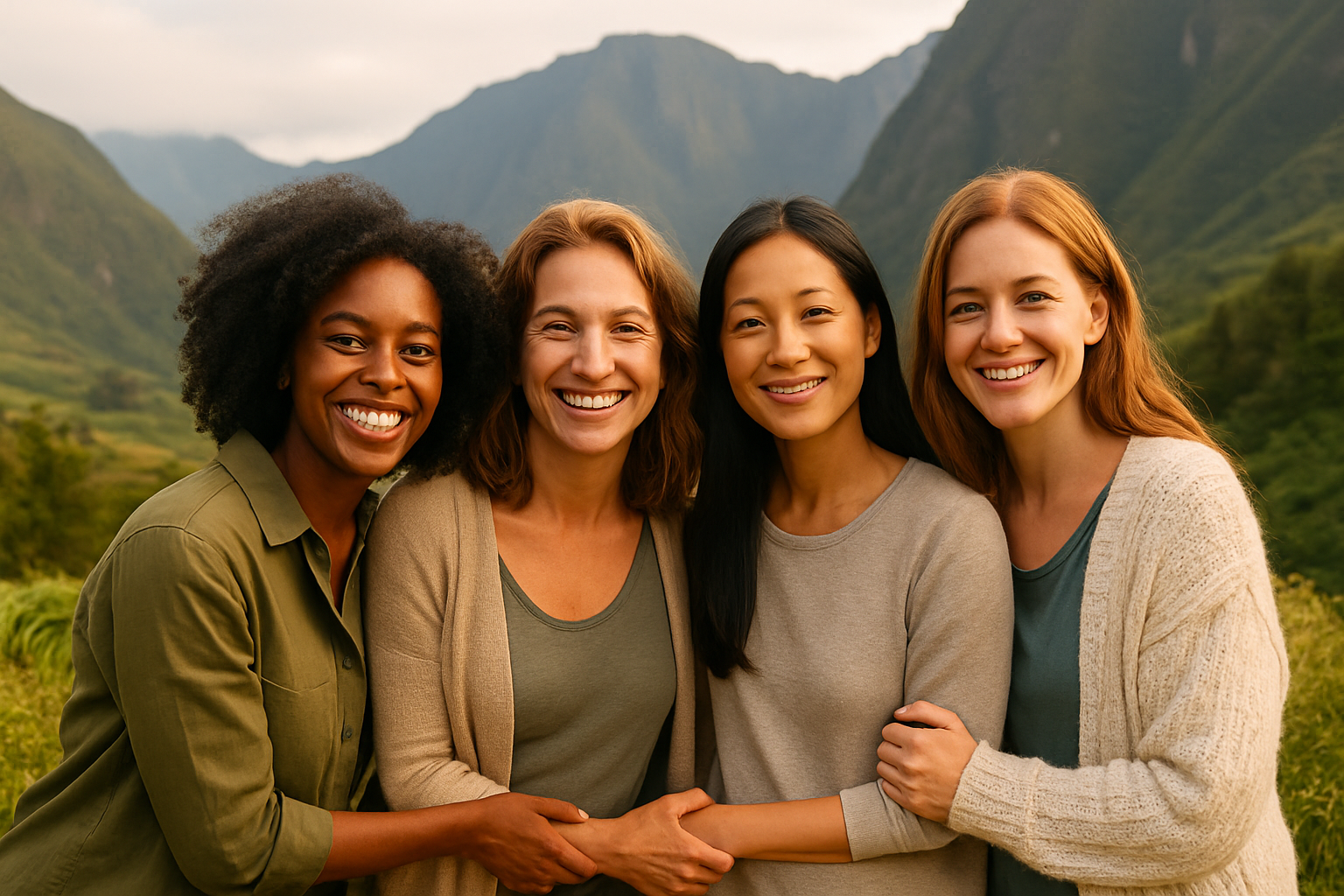 “Four diverse women standing together in a lush mountain landscape at sunset, smiling and holding hands—symbolizing sisterhood, soulful connection, and the power of women’s wellness travel.”