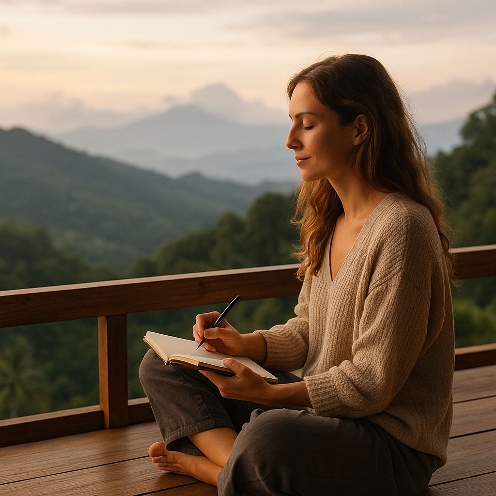 “A woman journaling on a wooden balcony overlooking misty mountains at sunrise, capturing a peaceful wellness travel moment that reflects mindfulness, reflection, and nature-inspired transformation. wellness travel advisor”