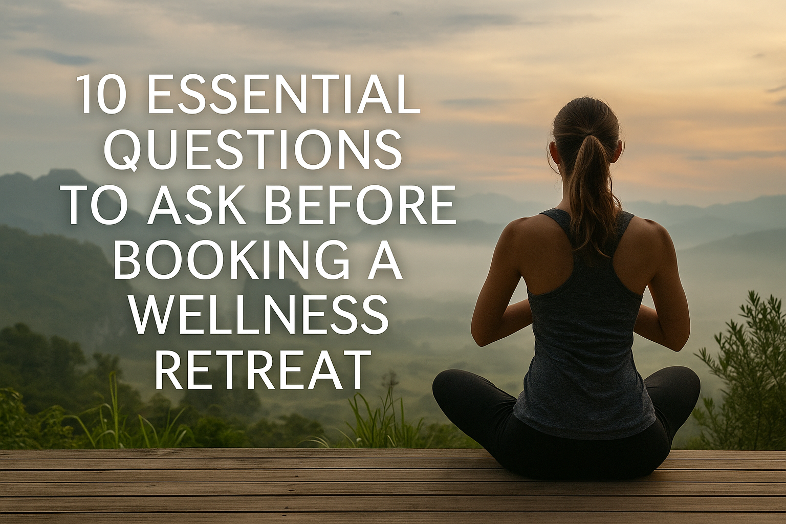 “A woman sitting in a yoga pose on a wooden deck overlooking misty mountains at sunrise, with calming light and lush greenery symbolizing mindfulness, reflection, and wellness retreat planning.”