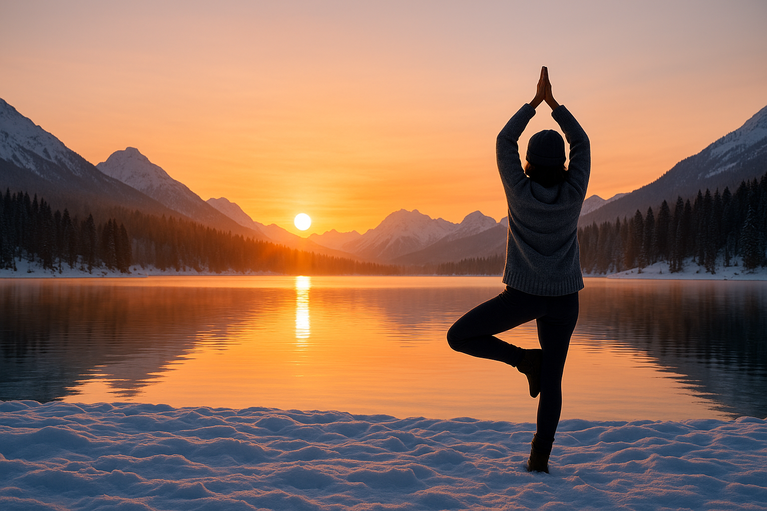 “A woman practicing yoga in tree pose on snow beside a calm winter lake at sunrise, surrounded by mountains and evergreen trees—symbolizing grounding, stillness, and healthy winter travel.”